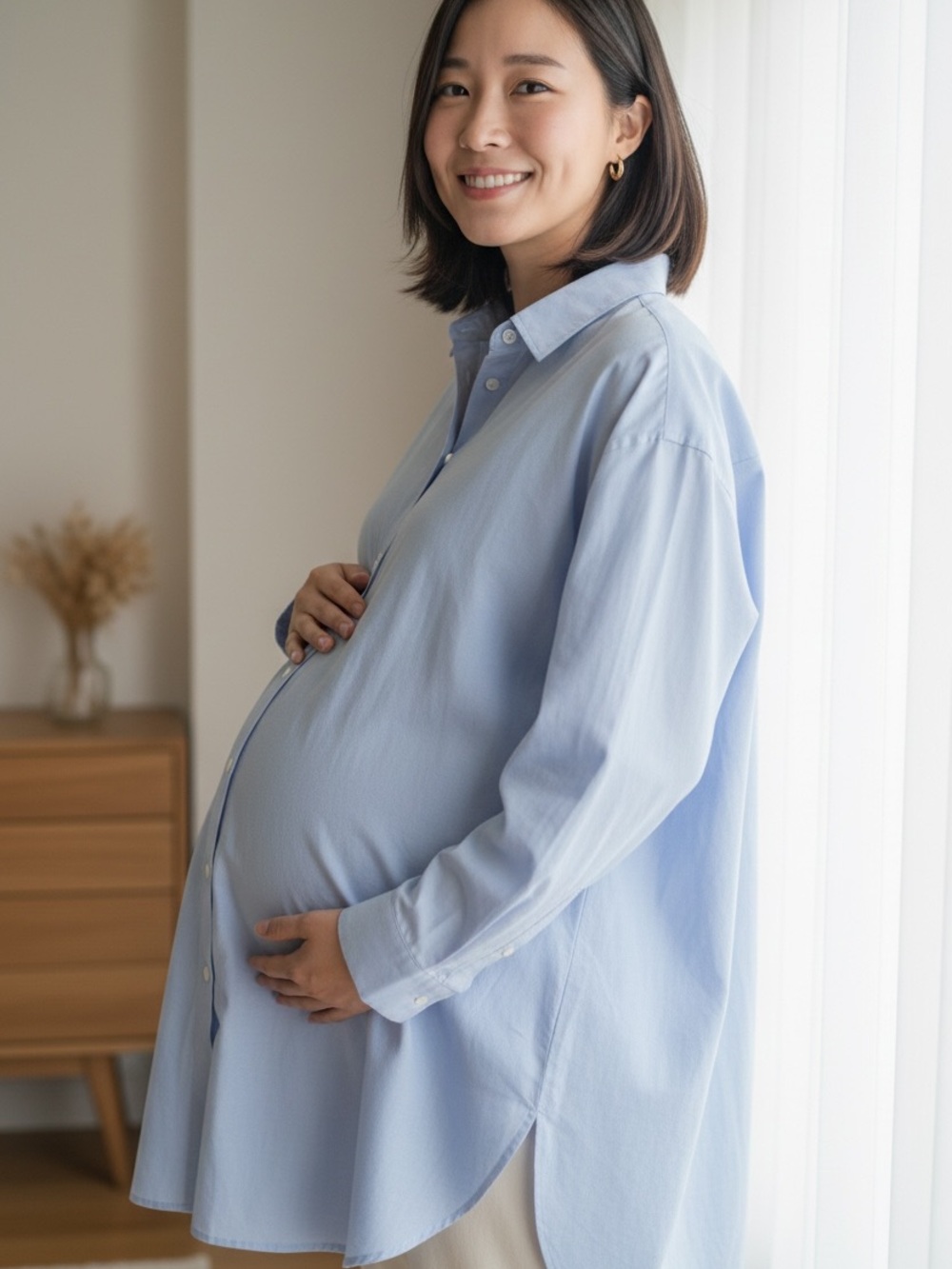Maternity Light Blue Women's Longline Button-Down Shirt